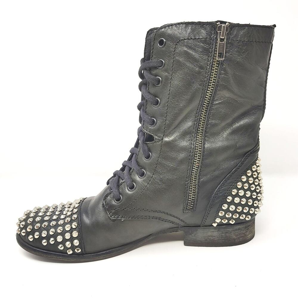 Steve Madden Womens 10 Shoes Tarnney Boots Studded Zip Lace Up Combat Moto Black - Picture 3 of 10
